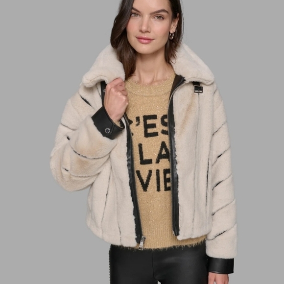 Elegant Cream and Black Faux Mink Lagerfeld Bomber Jacket - Picture 5 of 8